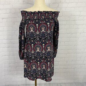CLEARANCE Band Of Gypsies Medium Off-The-Shoulder Blue & Red Paisley Mini Dress